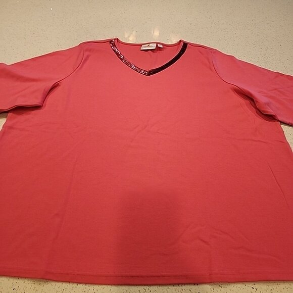 Quacker Factory 3x Pink T-Shirt Short Sleeve Sequin V-neck Cotton Blend - Picture 1 of 6